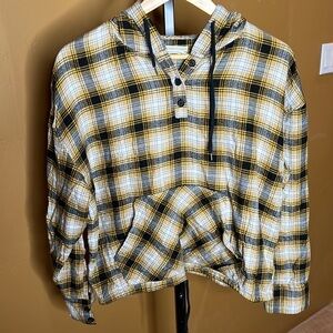 Urban Outfitters Alex Womens Gold Black Popover Hooded Flannel Shirt Size XS